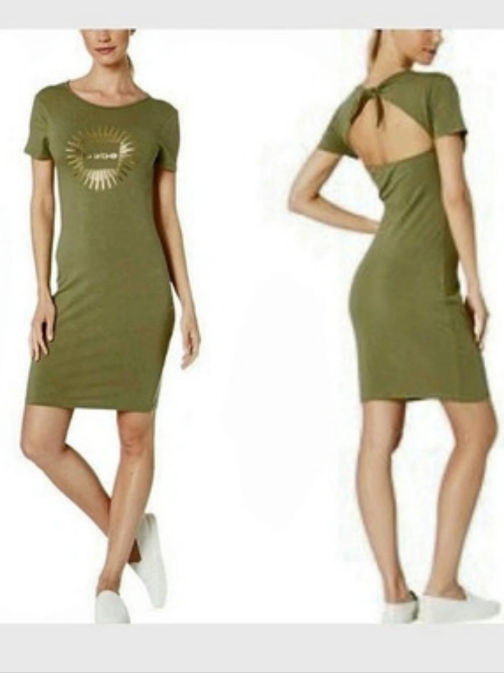 Bebe Short Sleeve T-Shirt Dress Olive Green Cutout Midi Dress